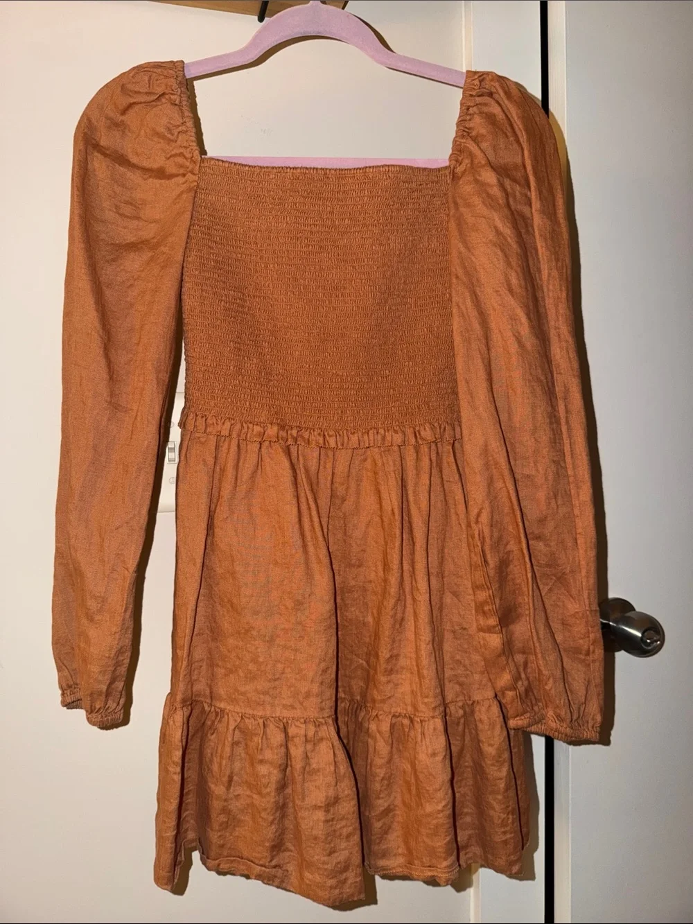 Quince Rust Orange Smocked Long-Sleeve Tiered Dress